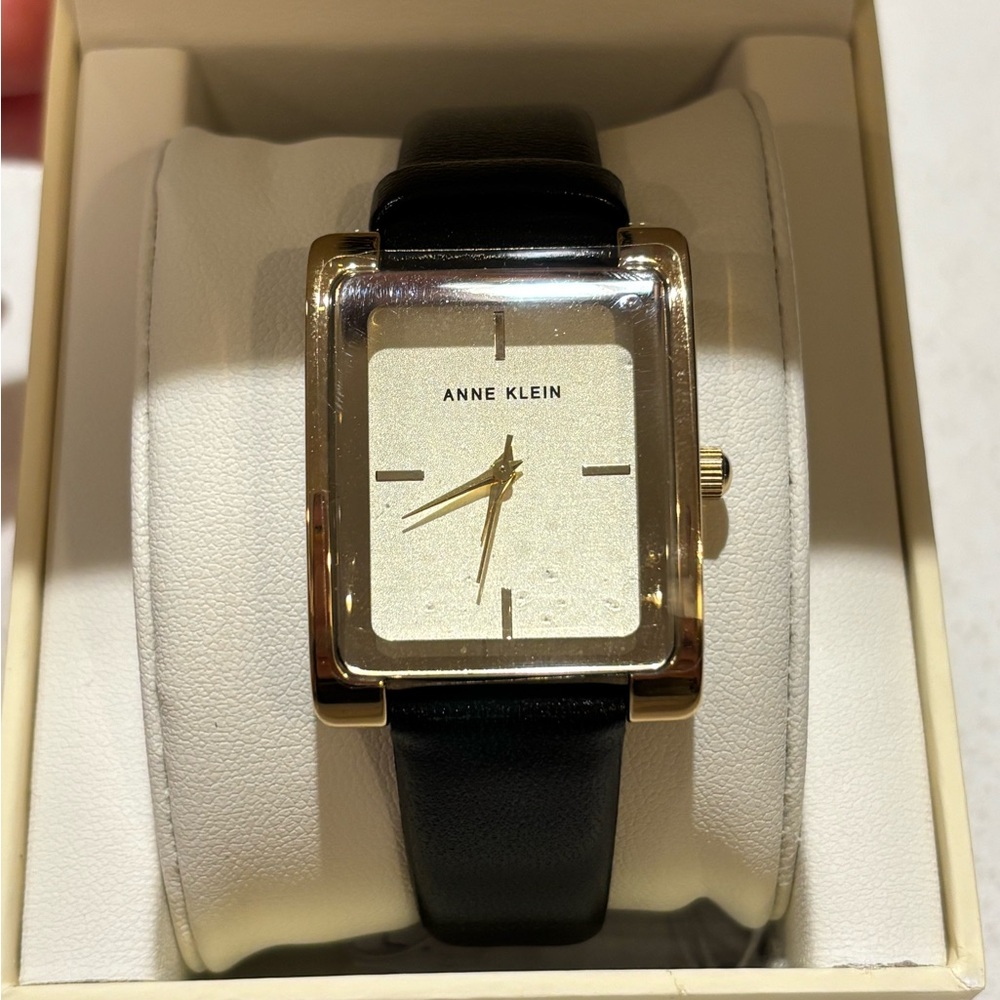 Anne Klein Gold-Tone Square Watch with Black Strap